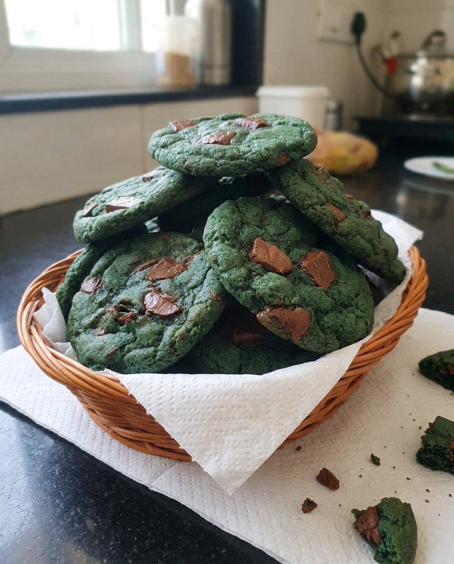 Monster sized blue character cookies stuffed with a whole Oreo and chocolate chips