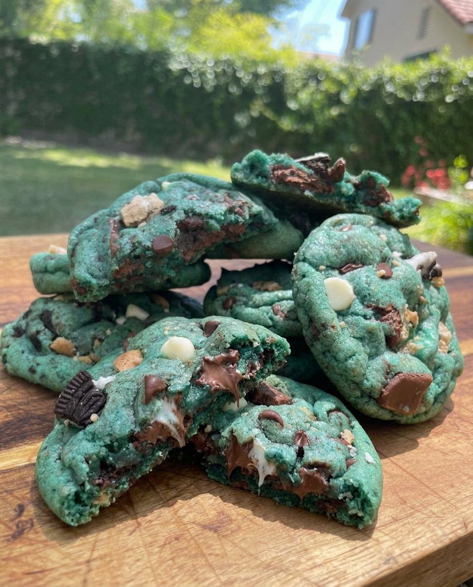 A stack of vibrant blue Cookie Monster cookies with candy eyes and chocolate chips