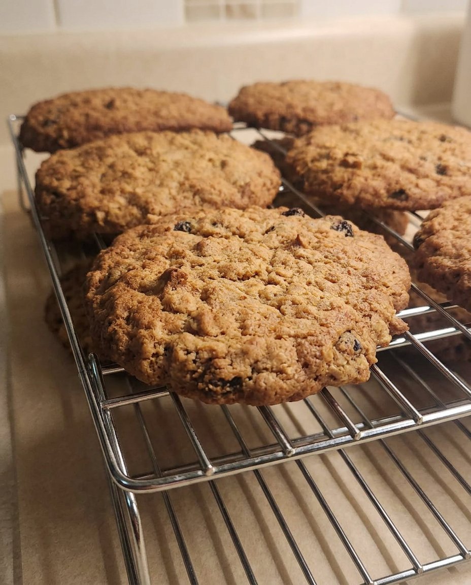 A thick and gooey rum raisin cookie with plump rum-soaked raisins visible in the center