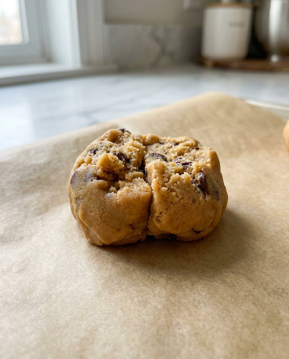 Hands breaking a large ball of cookie dough in half to create a rough texture.
