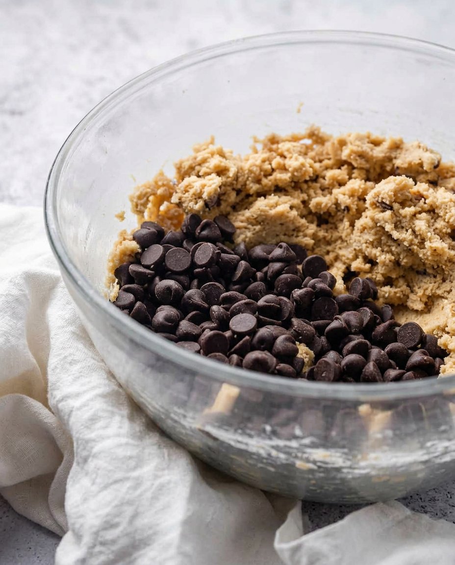 Gluten Free Chocolate Chip 13 Cookie dough resting in a ceramic bowl after being mixed.