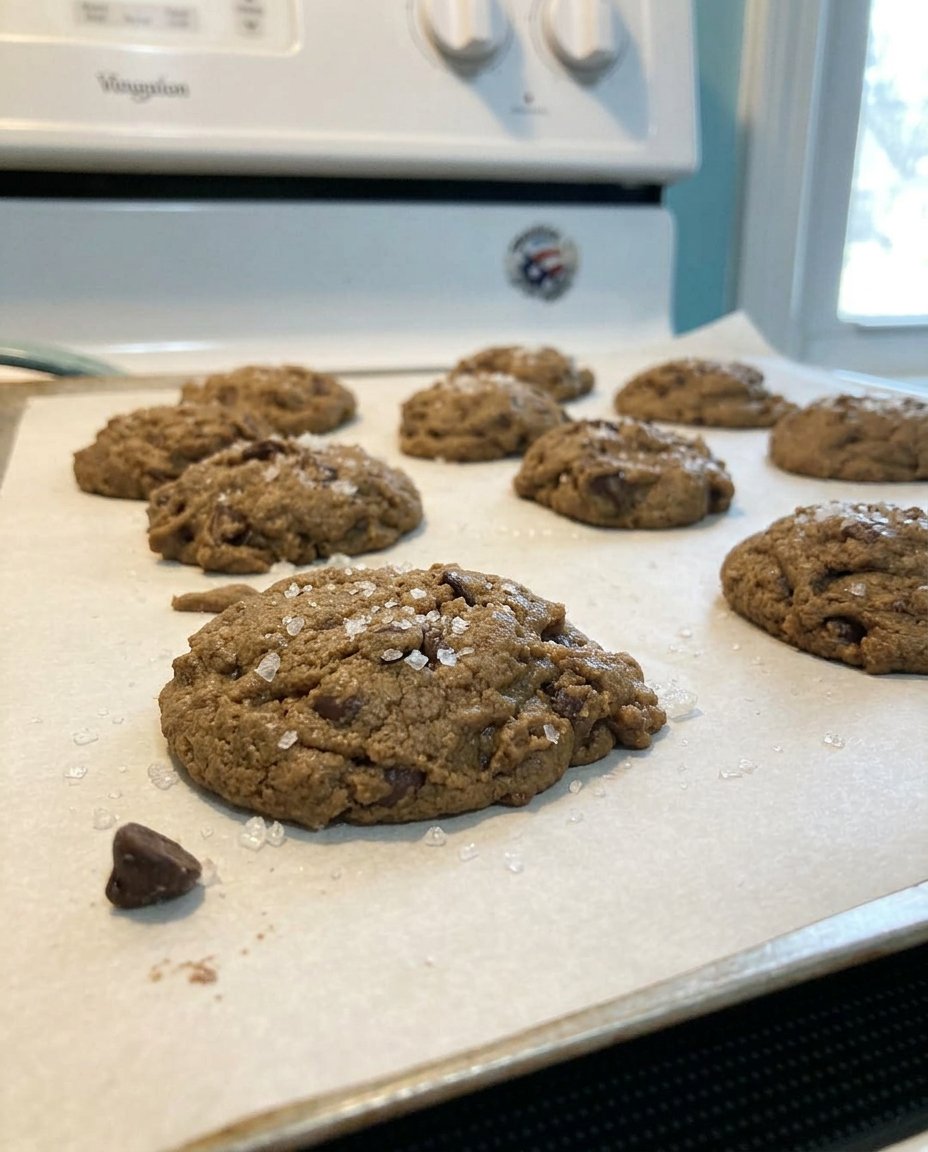 A close up of espresso chocolate chip cookies showing the browned butter texture and melted chocolate