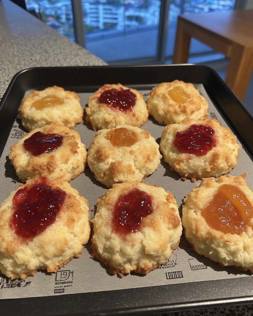 A close up of a buttery apricot thumbprint cookie with a sparkling sugar coating and bright orange jam center