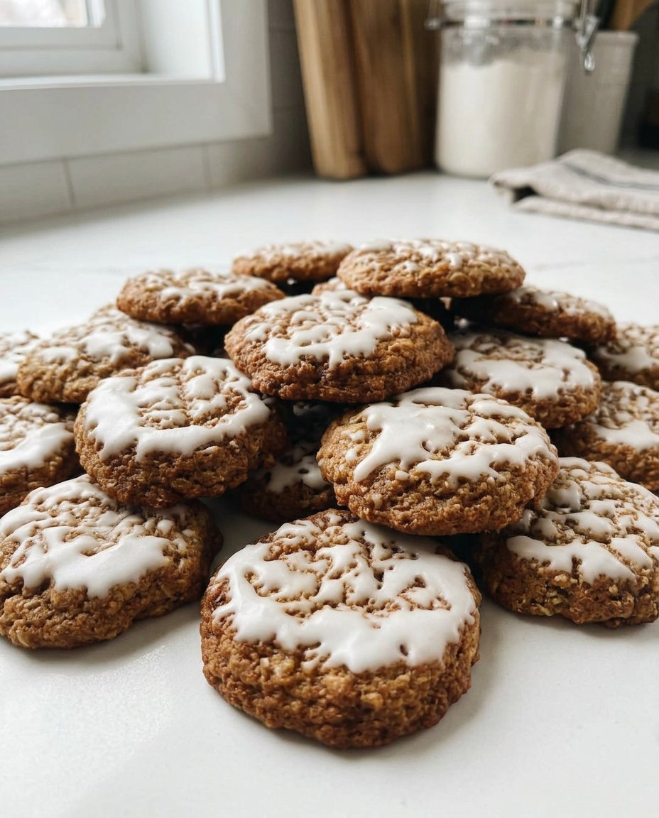 Homemade iced oatmeal cookies with white glaze on a wire rack