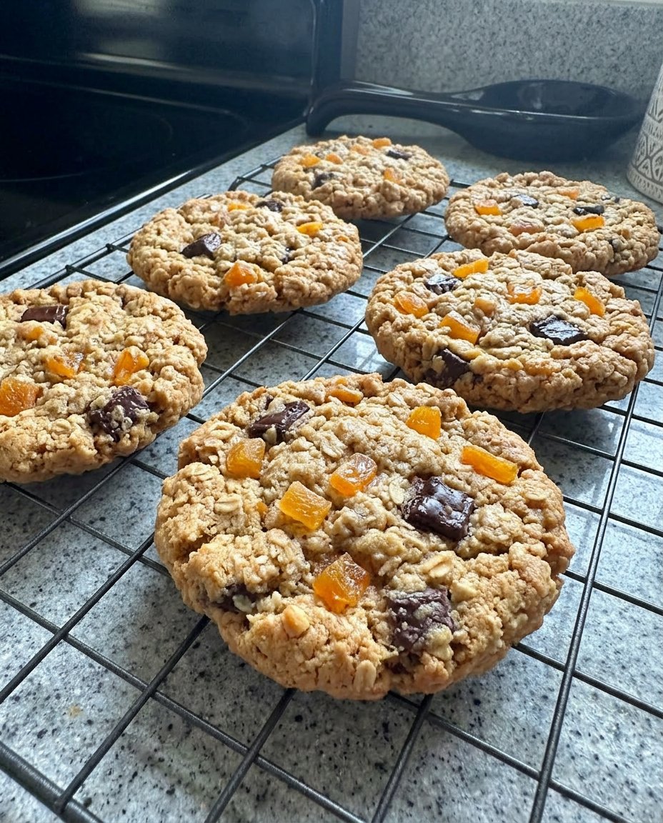 A close up shot of a chewy oatmeal apricot cookie showing the golden edges and soft center