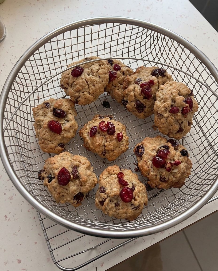 Freshly baked oatmeal raisin cranberry cookies on a cooling rack