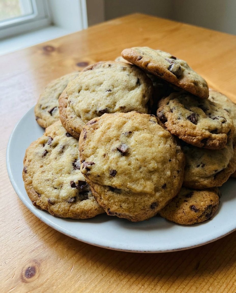 A close up of soft and chewy one bowl chocolate chip cookies with golden edges