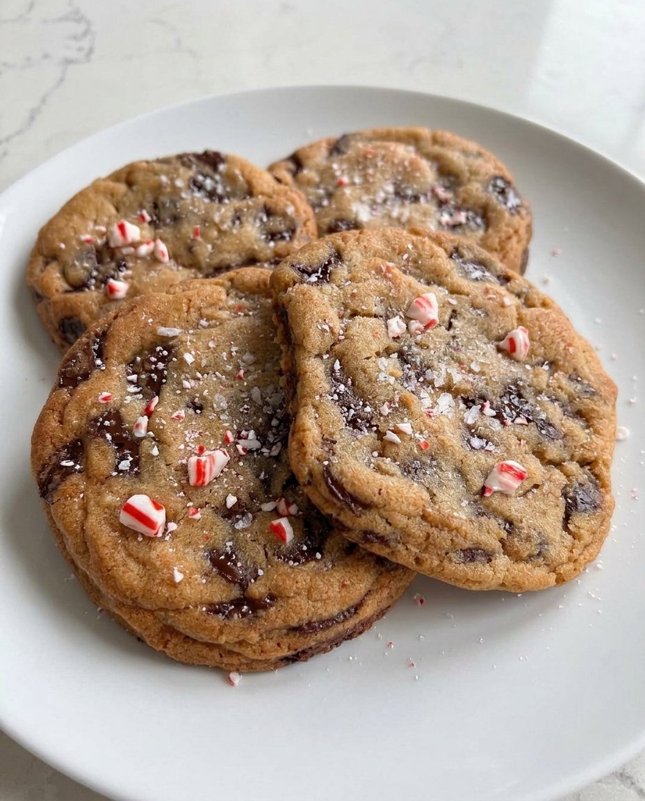 A stack of buttery peppermint chocolate chip cookies with visible chocolate chips and red peppermint bits.