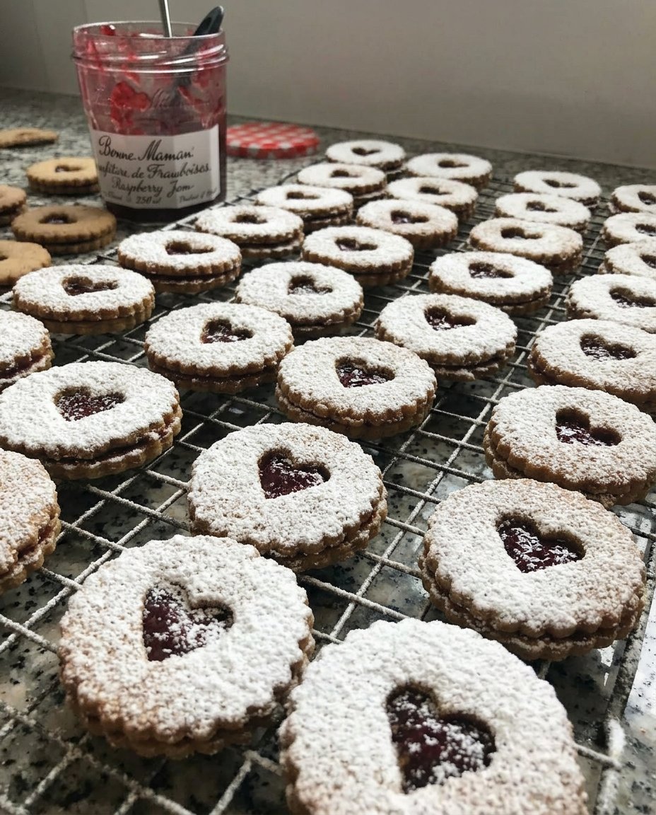 Sandwich cookies with heart cutouts and raspberry jam centers dusted with powdered sugar