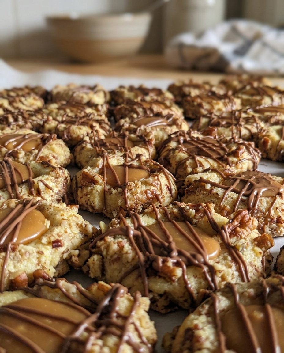 Close up of buttery shortbread dough balls with thumbprints ready for baking