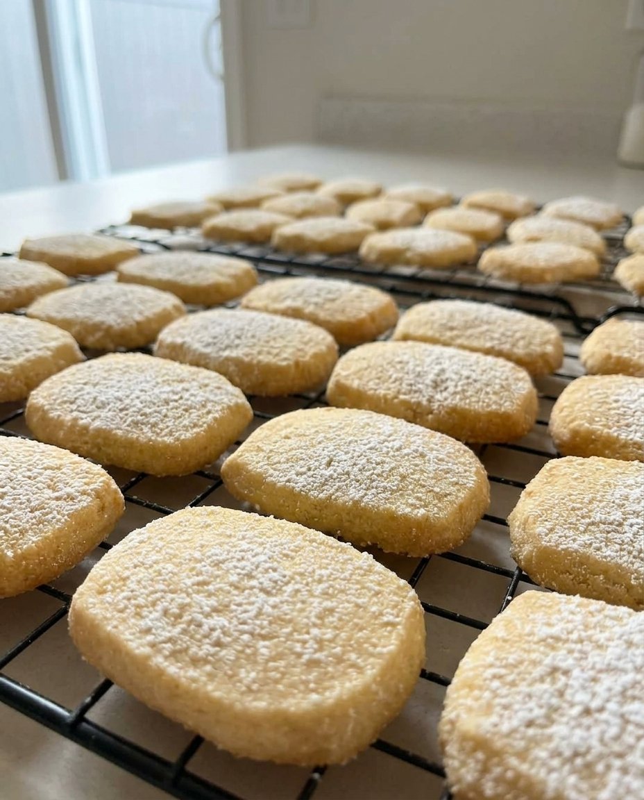 A round cake pan filled with golden shortbread wedges docked with fork marks