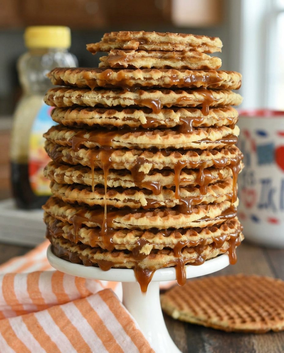 A golden brown stroopwafel cookie being split open to reveal the warm caramel filling