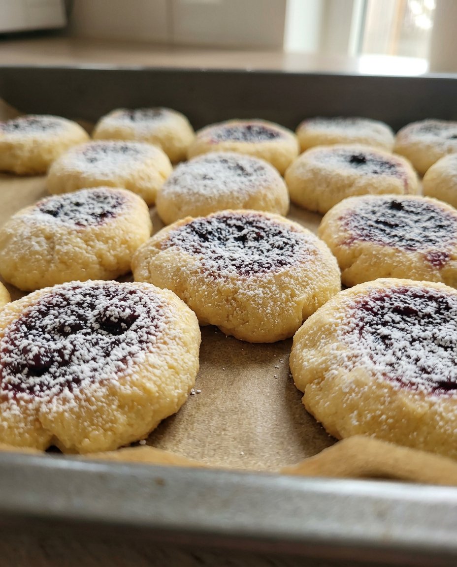 A stack of buttery thumbprint cookies filled with various fruit jams on a cooling rack.