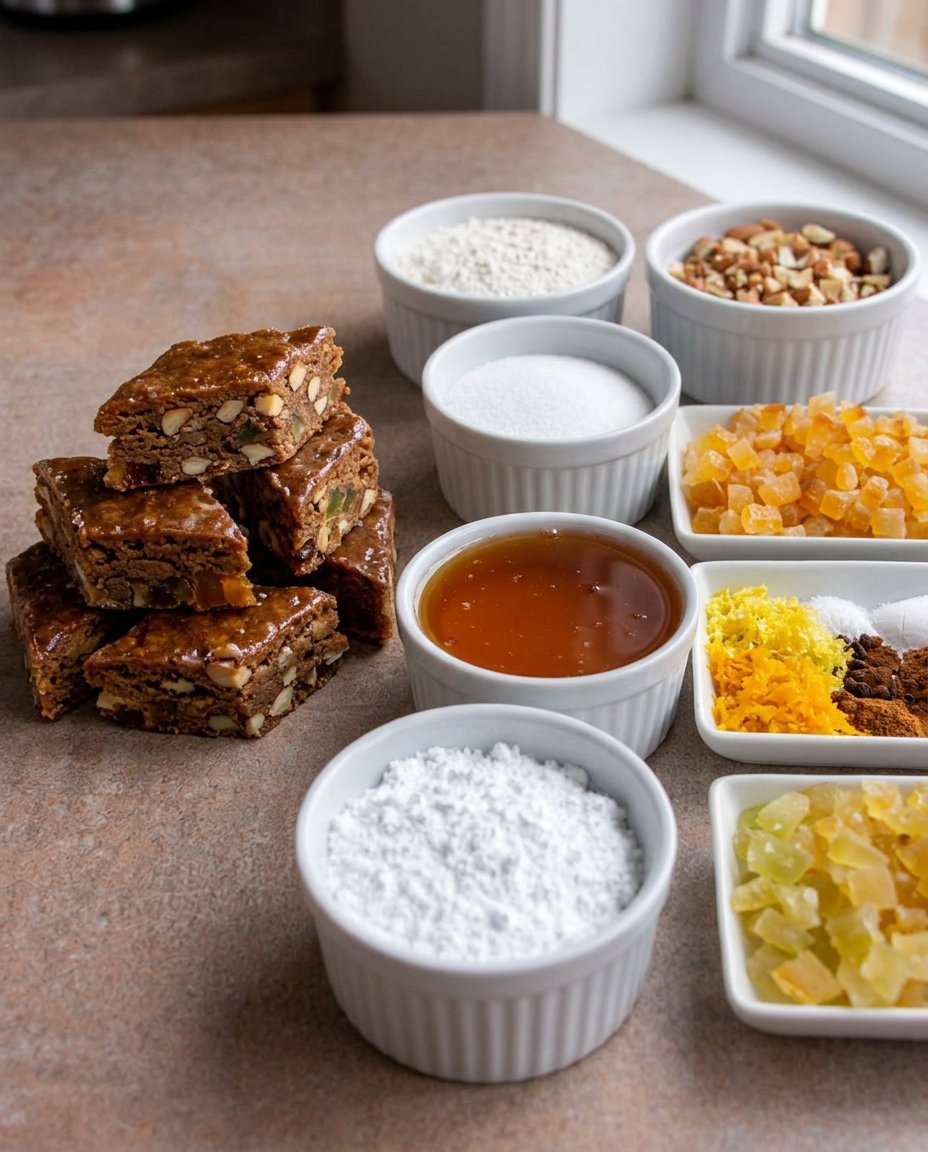 Ingredients for Basler Lackerli including honey and candied citrus