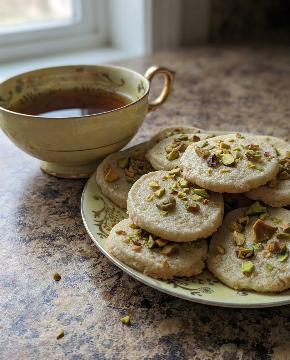 A stack of thick cardamom pistachio cookies coated in spiced sugar with crushed nuts on top.