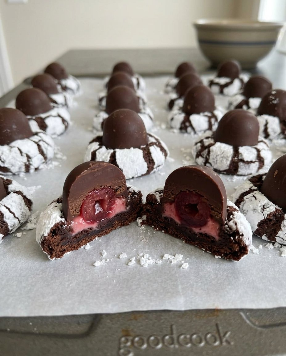 Loaded cherry cordial cookies with chocolate centers and white chocolate drizzle