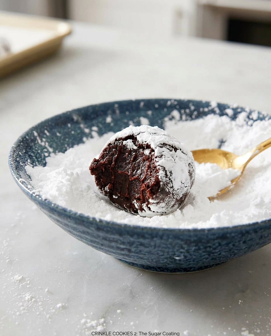 Dough balls coated in powdered sugar arranged on a parchment-lined baking sheet.