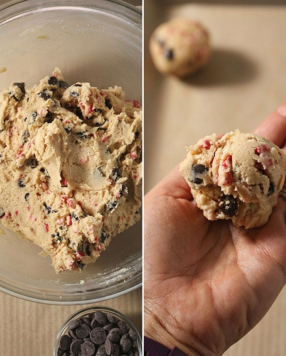 Perfectly scooped rounds of chilled peppermint cookie dough on a parchment-lined sheet.