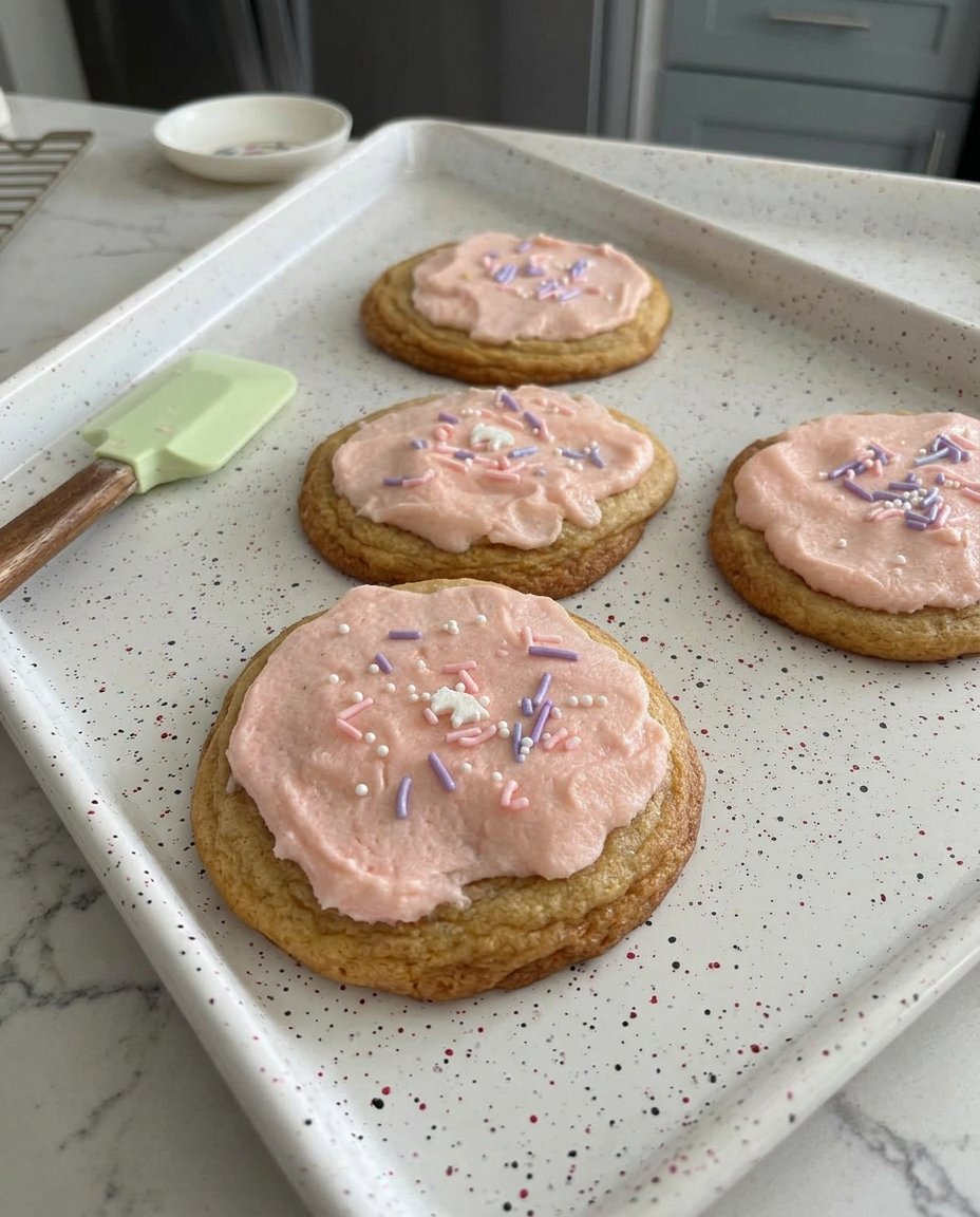 Crumbl Sugar Cookies 14 Platter of chilled pink sugar cookies next to a glass of milk