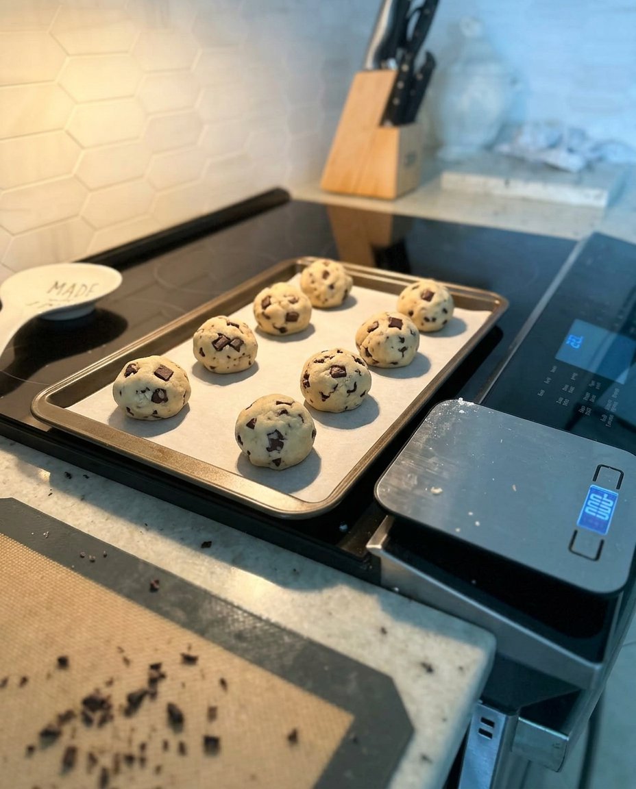 Scooped balls of cookie dough on a baking sheet being covered with plastic wrap