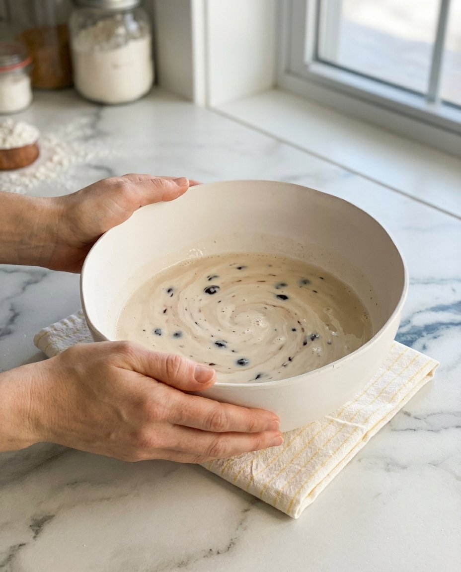 A bowl of chocolate chip cookie dough covered in plastic wrap resting in a refrigerator.