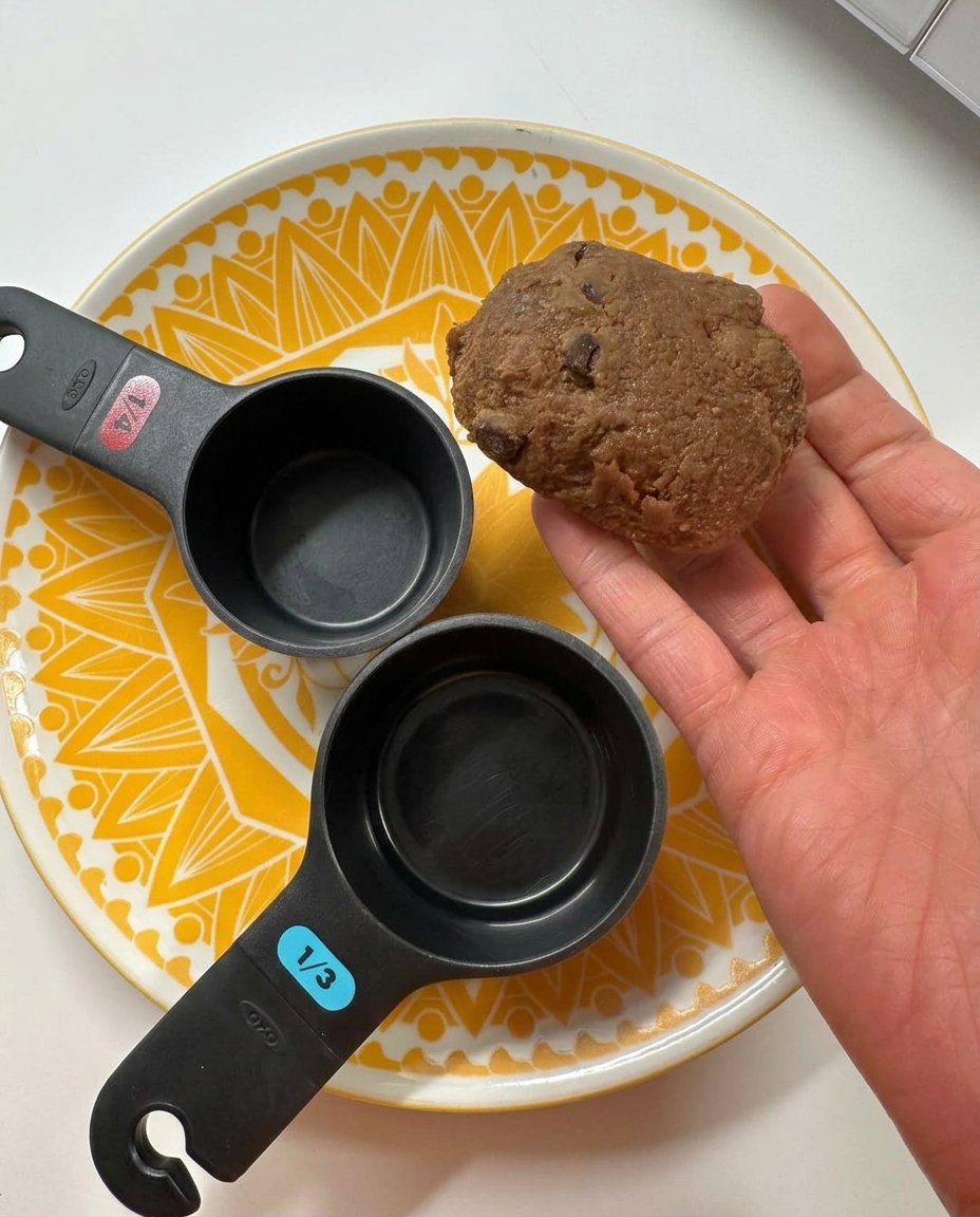 A bowl of dark chocolate cookie dough resting in a refrigerator.
