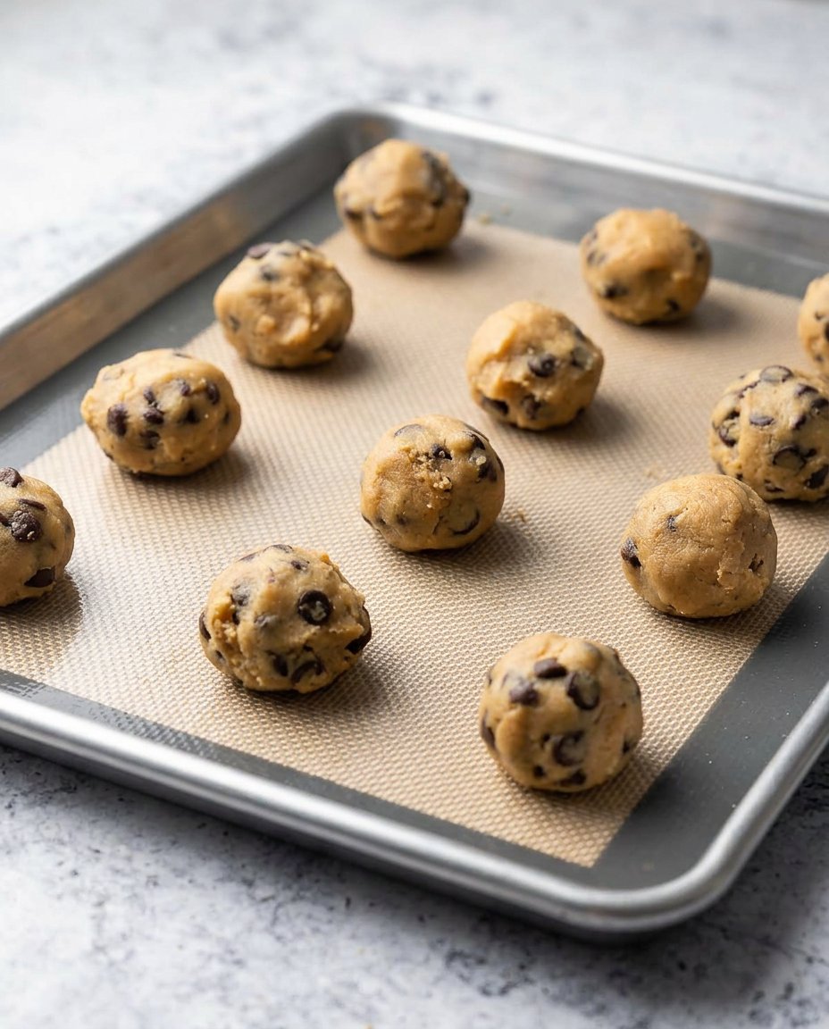 Chilled cookie dough in a glass bowl with plastic wrap