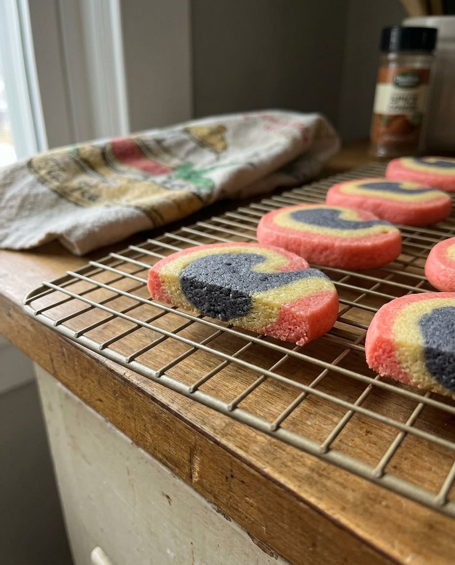 Pinwheel cookies half dipped in dark chocolate with gold sprinkles on a cooling rack