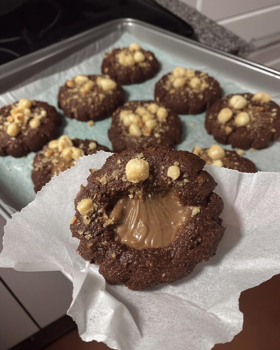 A stack of chocolate hazelnut linzer cookies showing the creamy filling