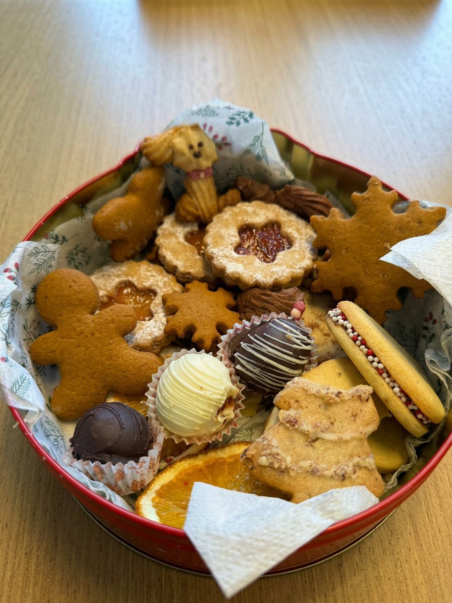 A large festive platter filled with various decorated Christmas sugar cookies