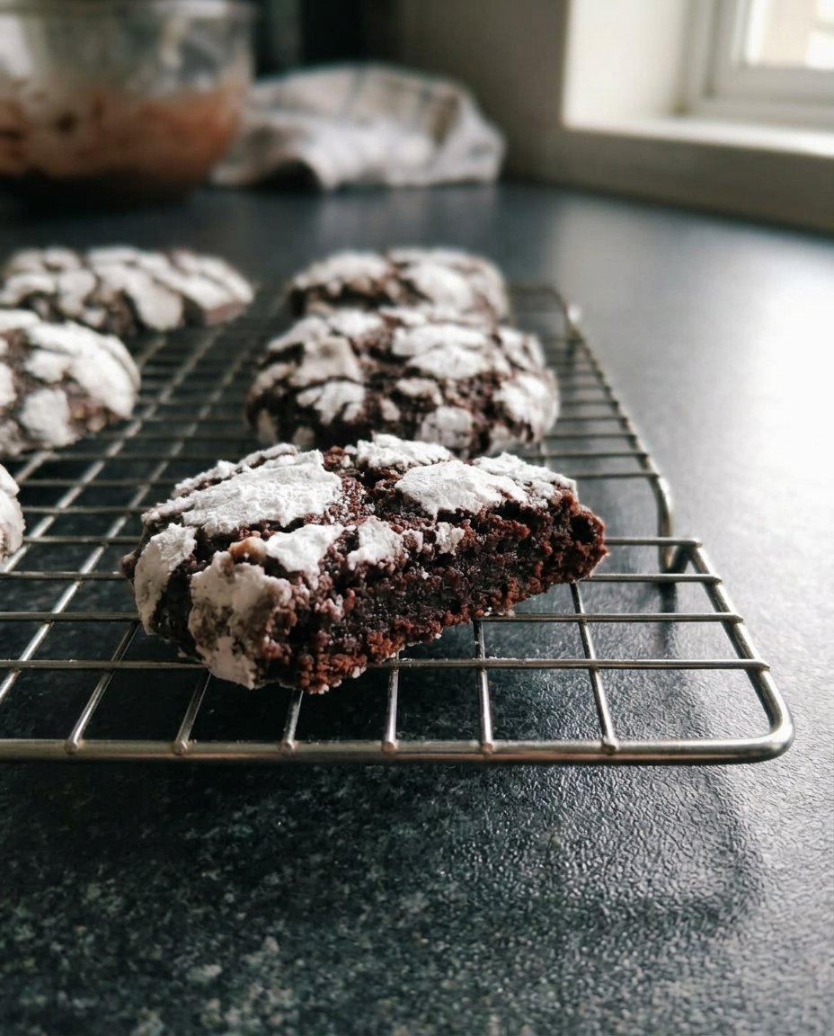 A pile of dark chocolate crinkle cookies with white powdered sugar cracks on a cooling rack.