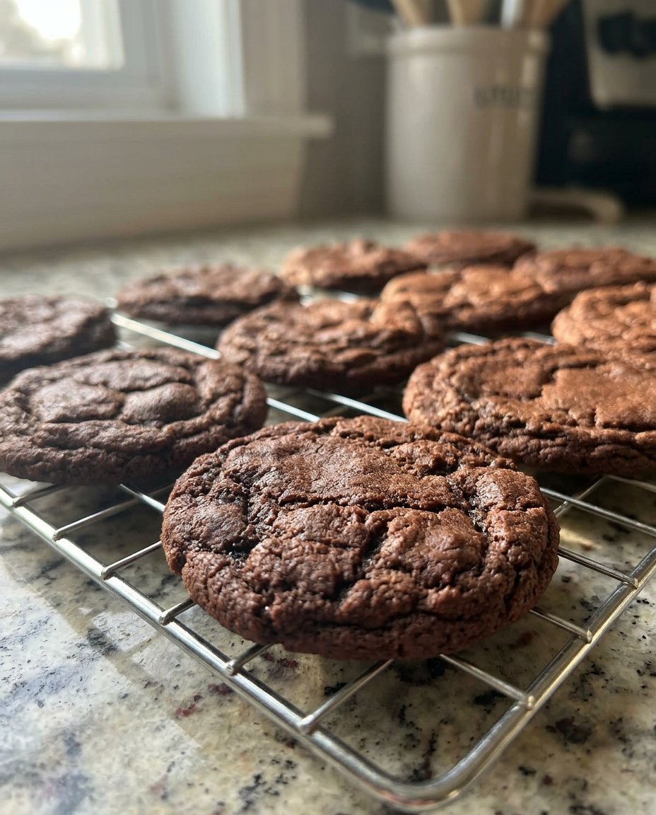 A stack of dark chocolate snap cookies with sugar coating on a cooling rack.