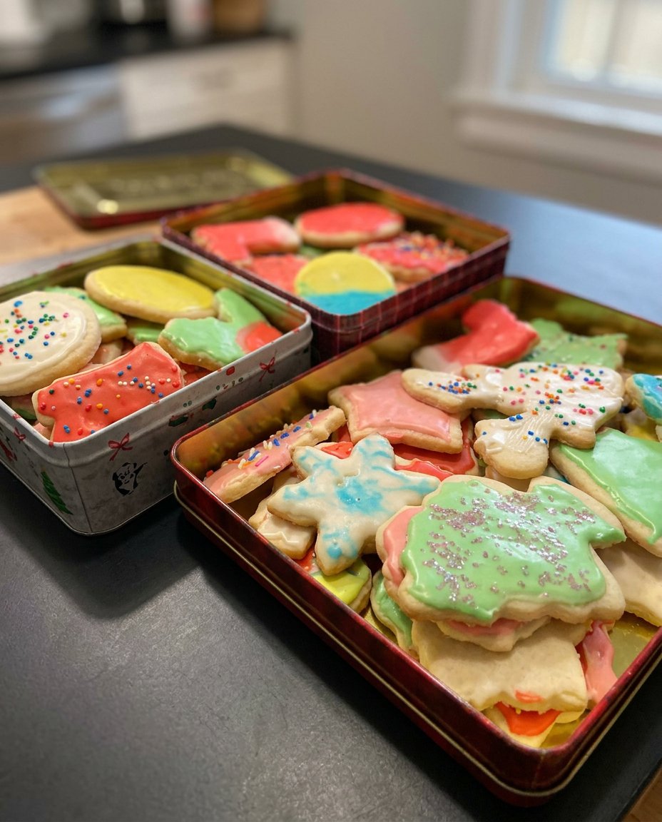 A stack of golden classic sugar cookies on a rustic wooden table
