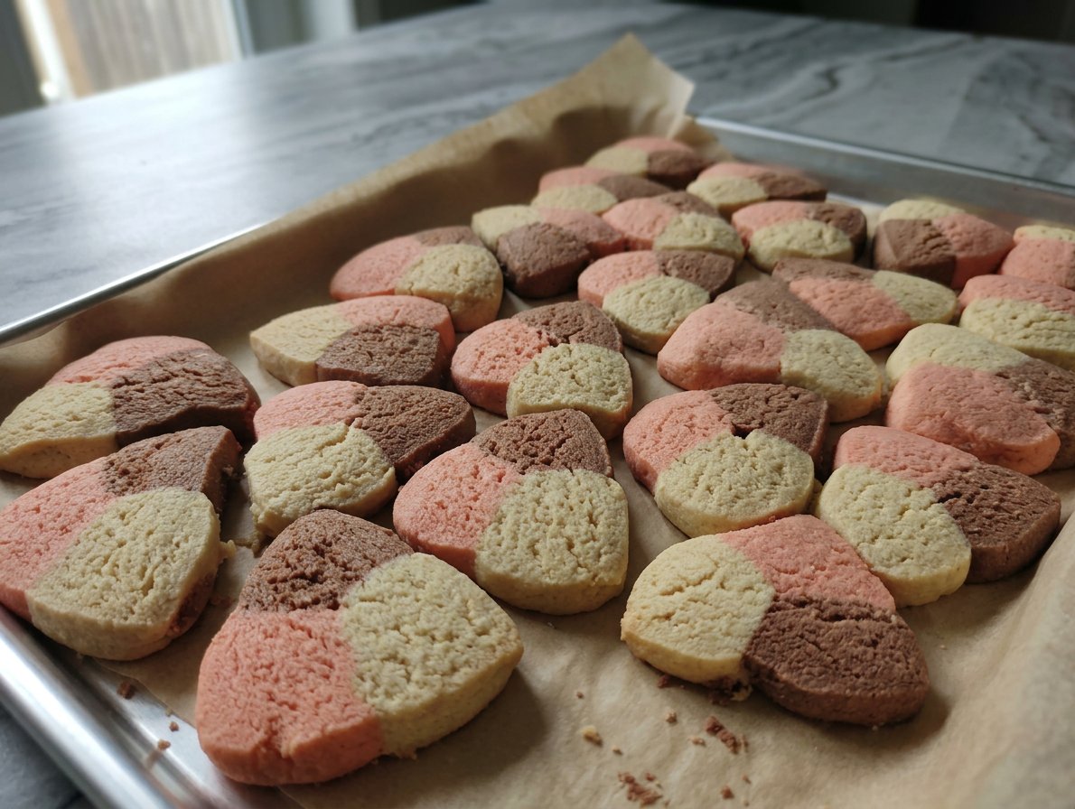 A tray of colorful Mexican Polvorones with sugar coating and cracked tops