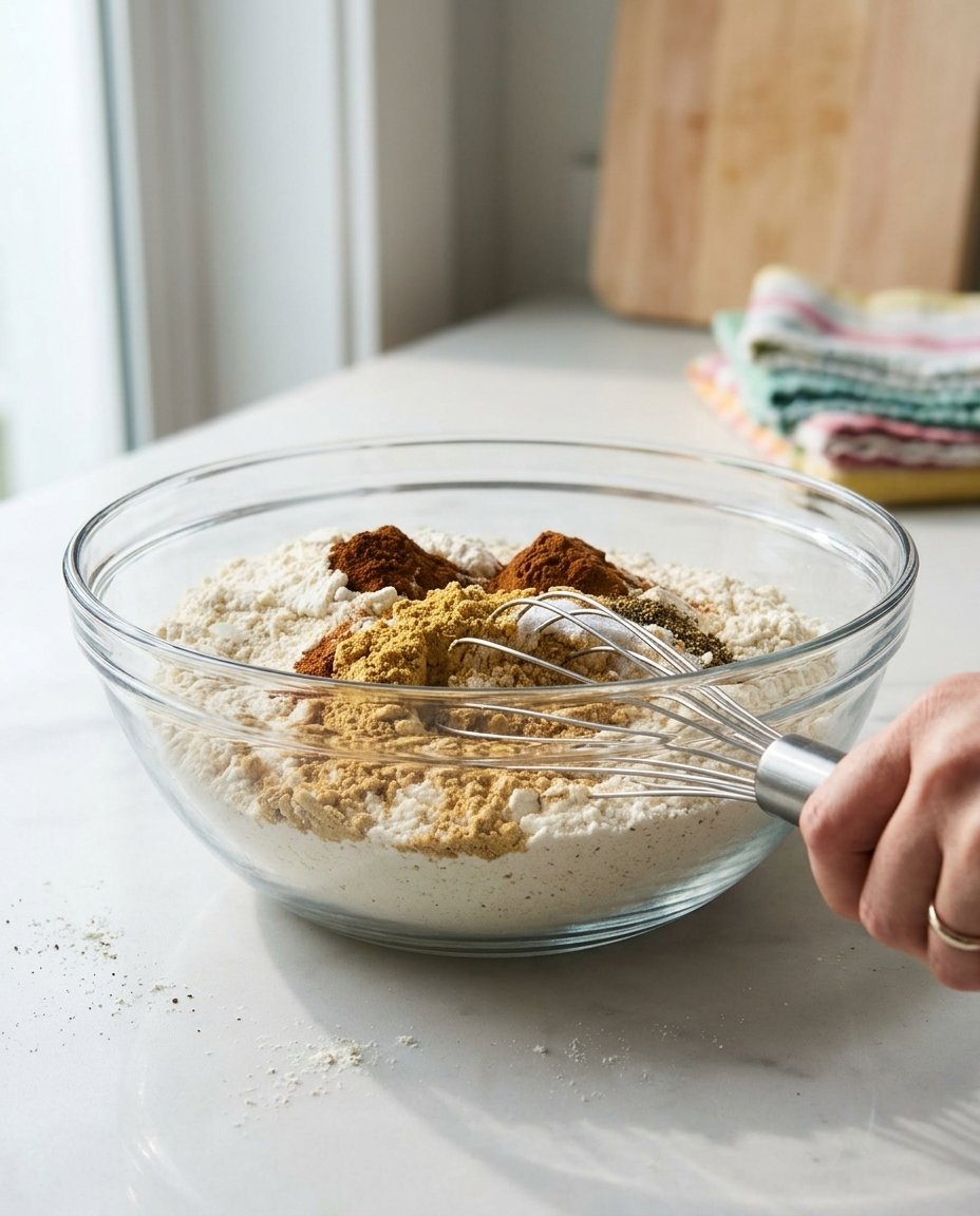 Dry ingredients for mini cookies gift box including flour sugar and sea salt in a bowl