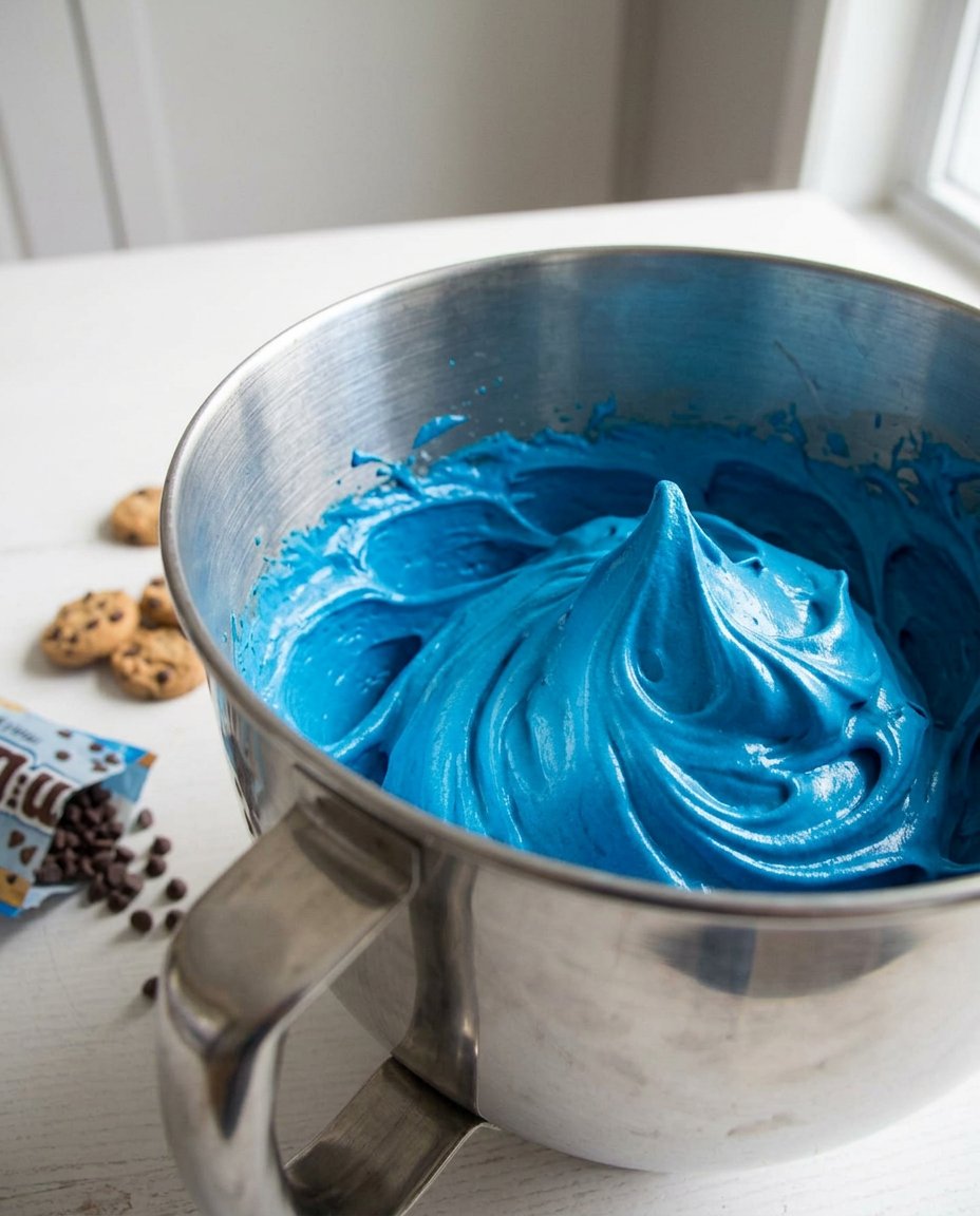Ingredients for cookie monster cookies including butter flour and blue gel