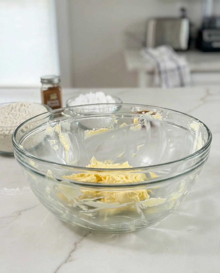 Creamed butter and sugar in a glass bowl showing fluffy texture
