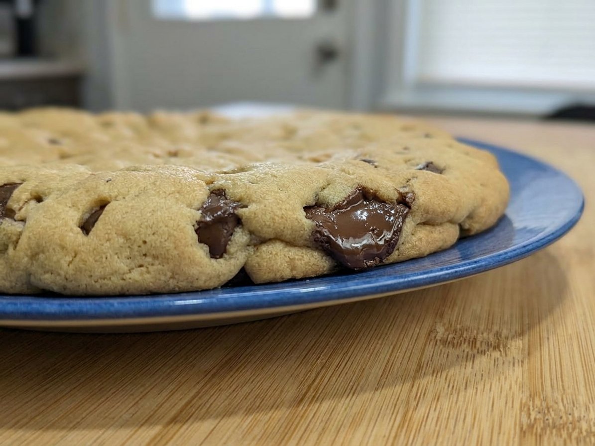 A stack of thin crispy chocolate chip cookies with golden edges on a wooden board.