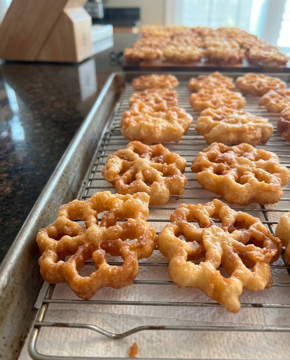 A stack of delicate golden fried rosette cookies dusted with powdered sugar