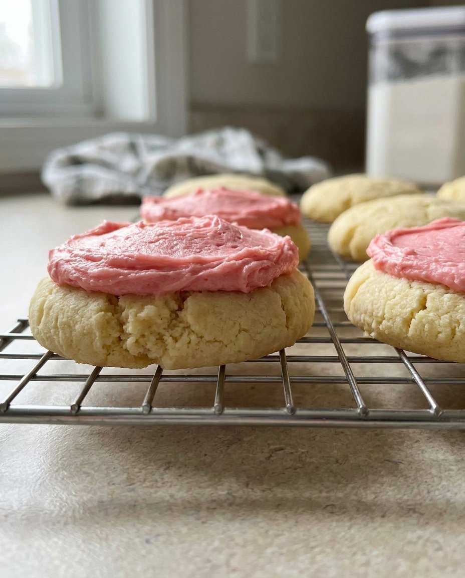 A tray of pink frosted cookies served outdoors at a garden party