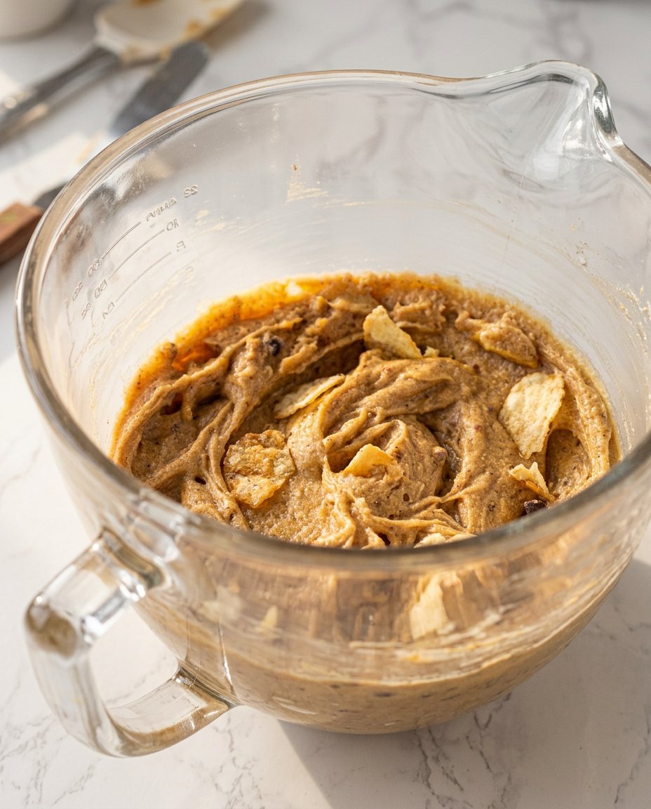 Potato Chip Chocolate Chip 13 A close up of hands crushing wavy potato chips into a bowl of cookie dough.