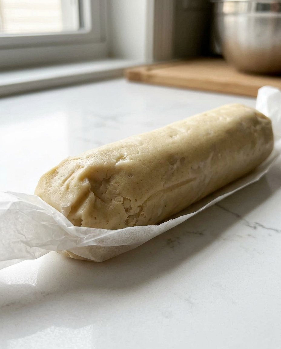 Macadamia Nut Shortbread 13 Close up of a hand using a sharp knife to cut chilled shortbread dough into uniform rectangular sticks.