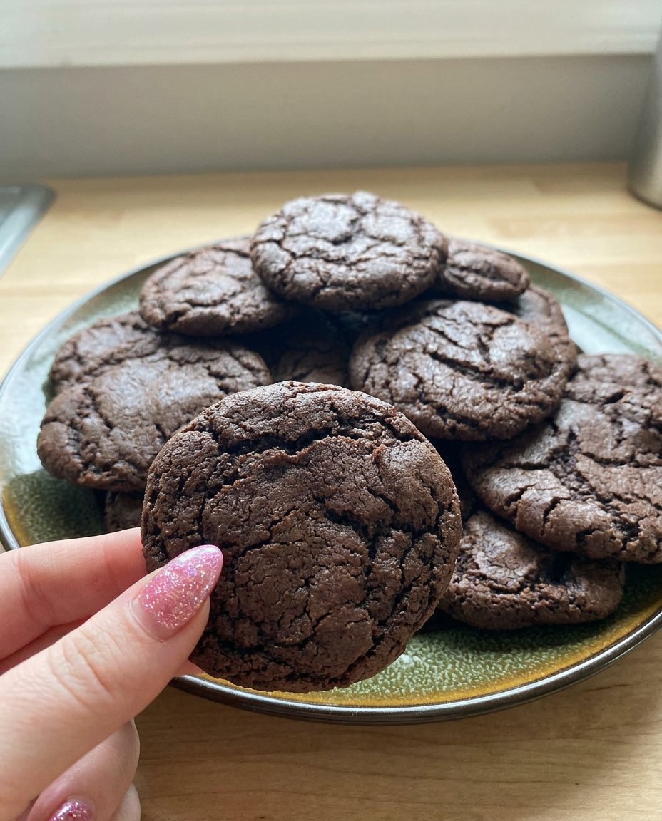 Soft and chewy dark chocolate cookies on a wooden table
