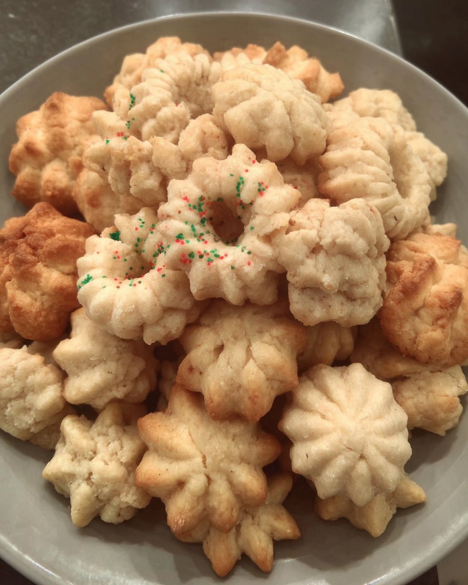 A festive tray of almond spritz cookies with various decorations