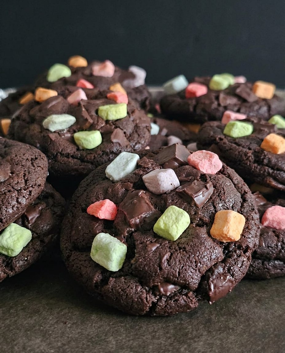 Close up of dark chocolate peppermint bark cookies with white chocolate chunks on a wooden board
