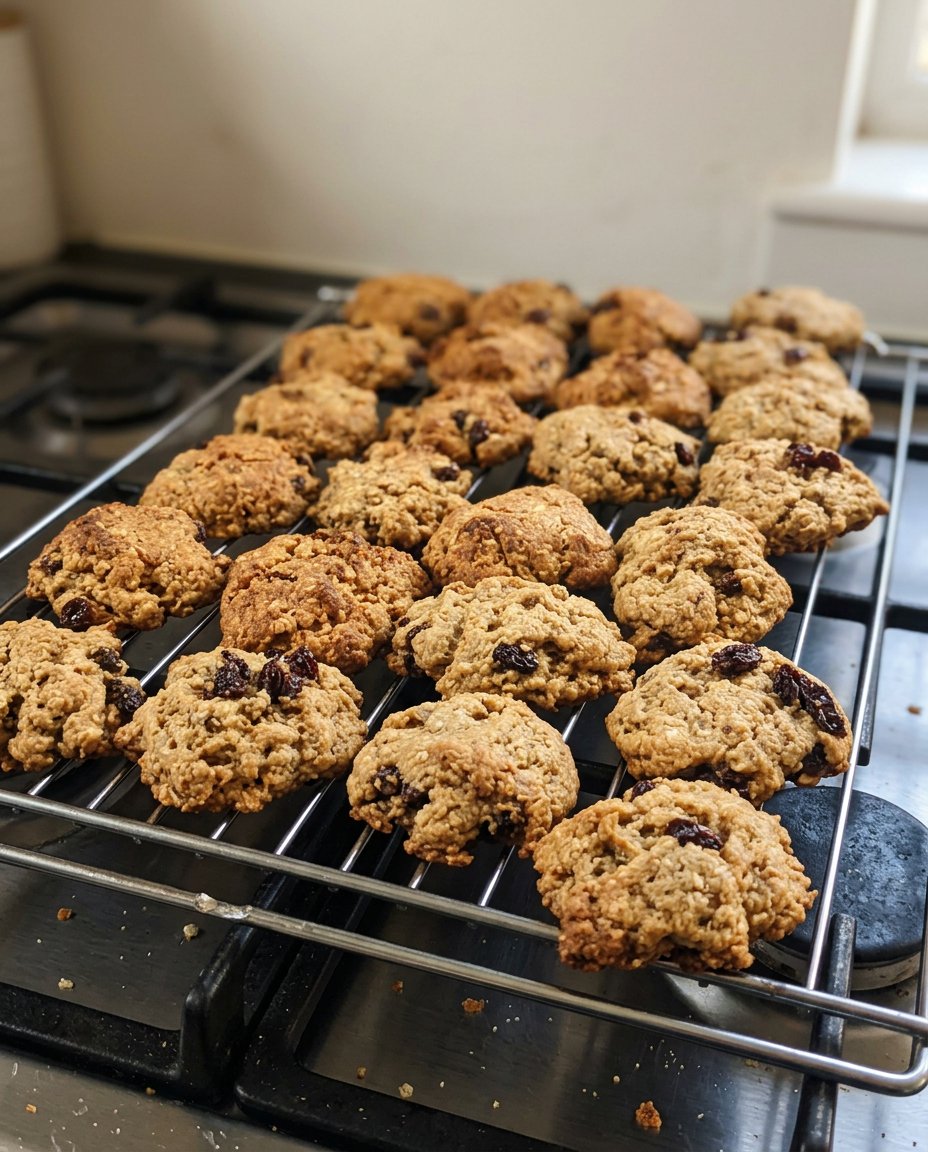 Double Oatmeal Raisin 10 Golden brown double oatmeal raisin cookies on a rustic wooden table