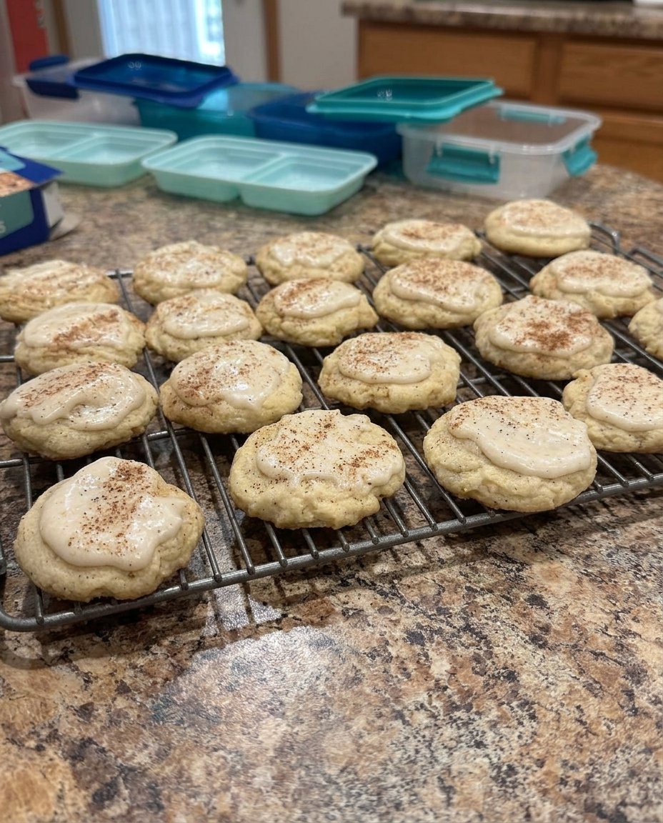 Icing being drizzled onto spiced cookies