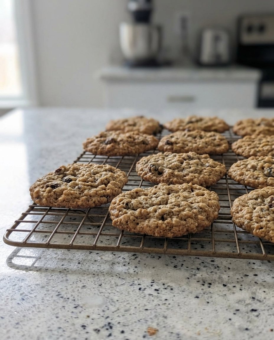 A massive and chewy oatmeal raisin cookie with visible rolled oats and plump raisins