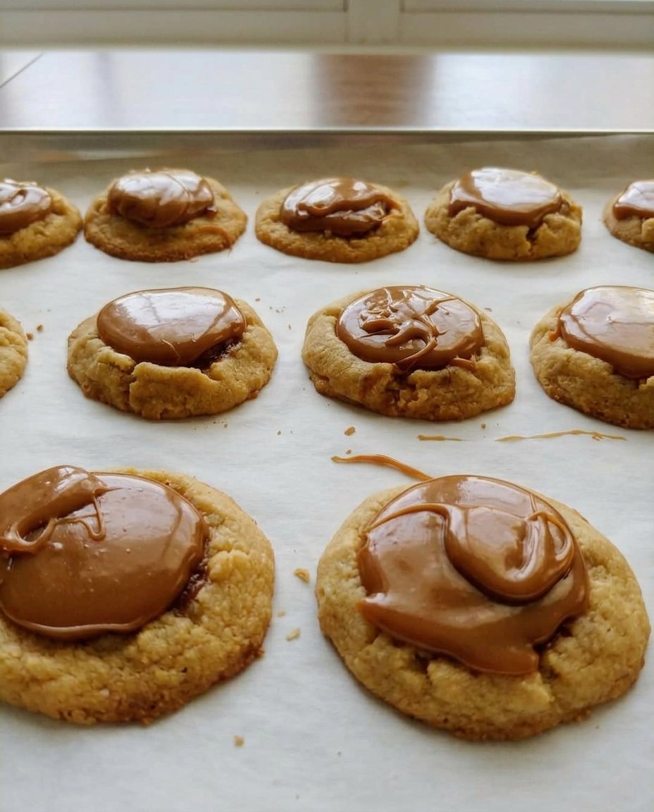 A wooden platter filled with Caramel Thumbprint cookies next to a cup of tea.