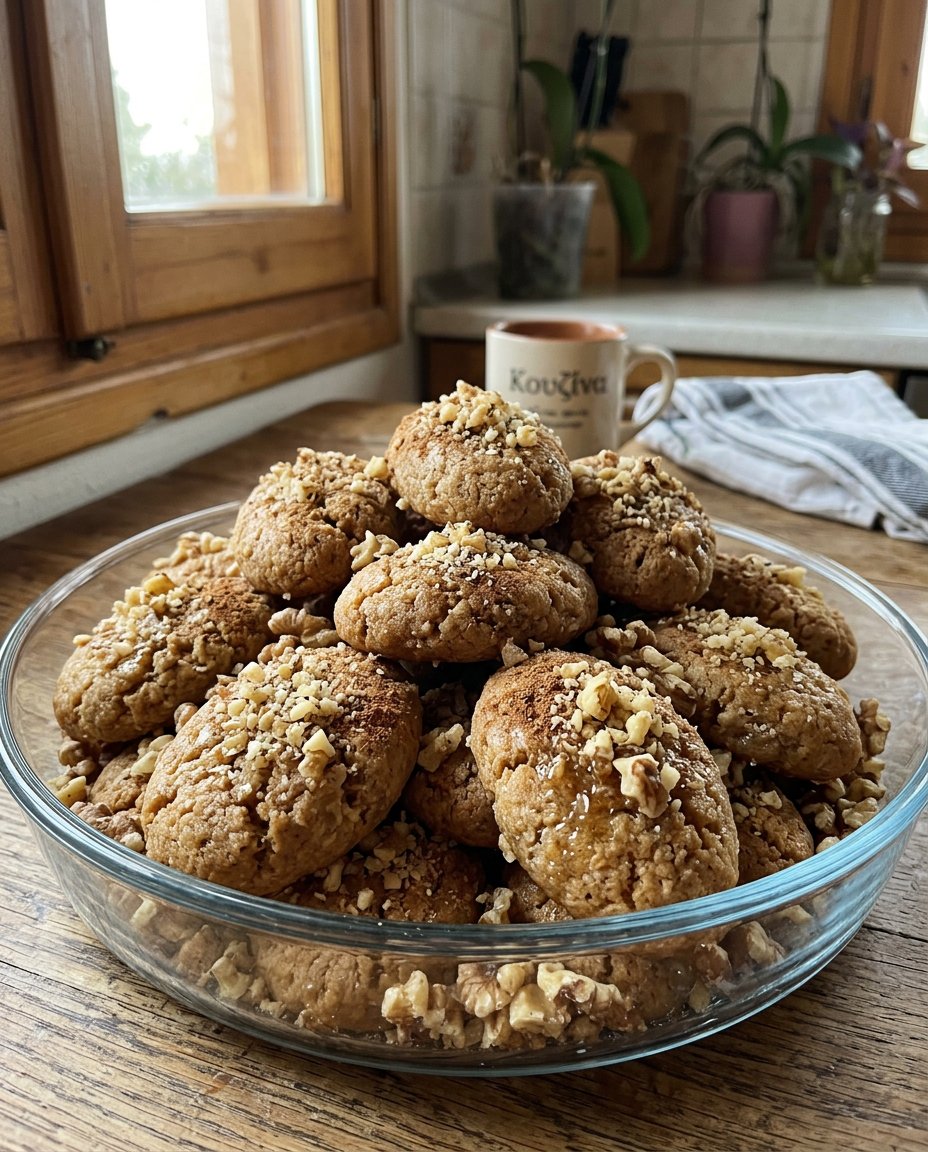 A beautiful festive platter of walnut topped Greek honey cookies